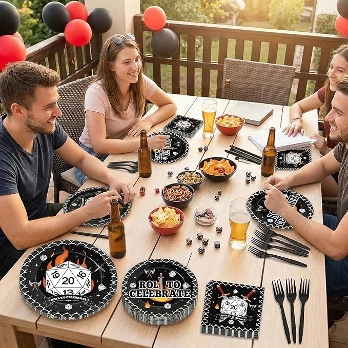 96Pcs D20 Dice Themed Birthday Party Plates and Napkins Dungeons Game Night Decor Roll to Celebrate Paper Disposable Cake Plates Role-Playing Game Themed Tableware Set for Adults Baby Shower 24 Guests