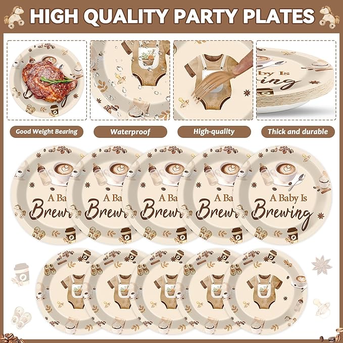 96 Pcs Coffee Baby Shower Party Plates Napkins Tableware Set A Baby Is Brewing Supplies In Bloom Disposable Dinnerware Coffee Themed Decoration Favors for Pregnancy Party, 24 Guests