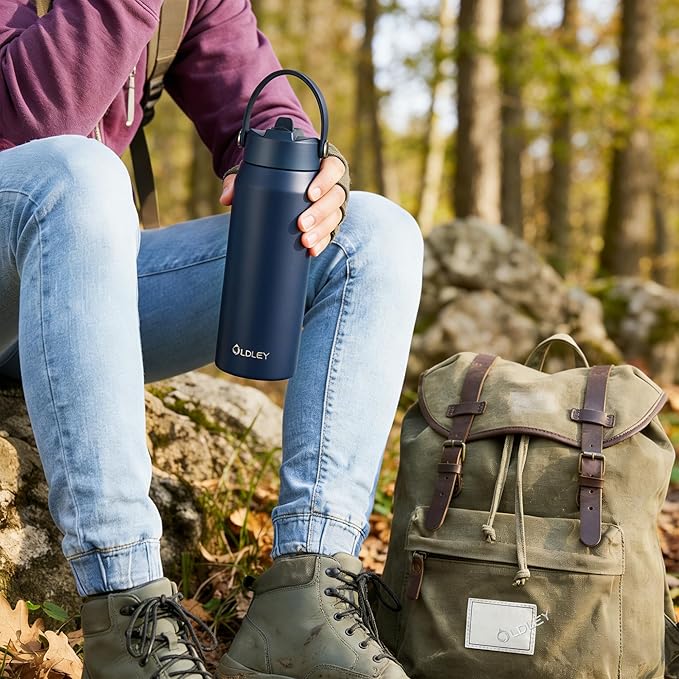 Oldley 18oz Insulated Water Bottle with Straw, Stainless Steel Water Bottle for Sports, Travel, School, BPA-Free Sports Bottles for Adult Kids, Leak-Proof, Navy Blue