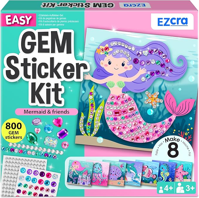 EZCRA Easy Mermaid Gem Sticker Crafts for Kids Ages 4-8 - 800 Sparkly Stickers, 8 Underwater Themes - Arts and Crafts for Kids, DIY Activity, Birthday Gift for Girls