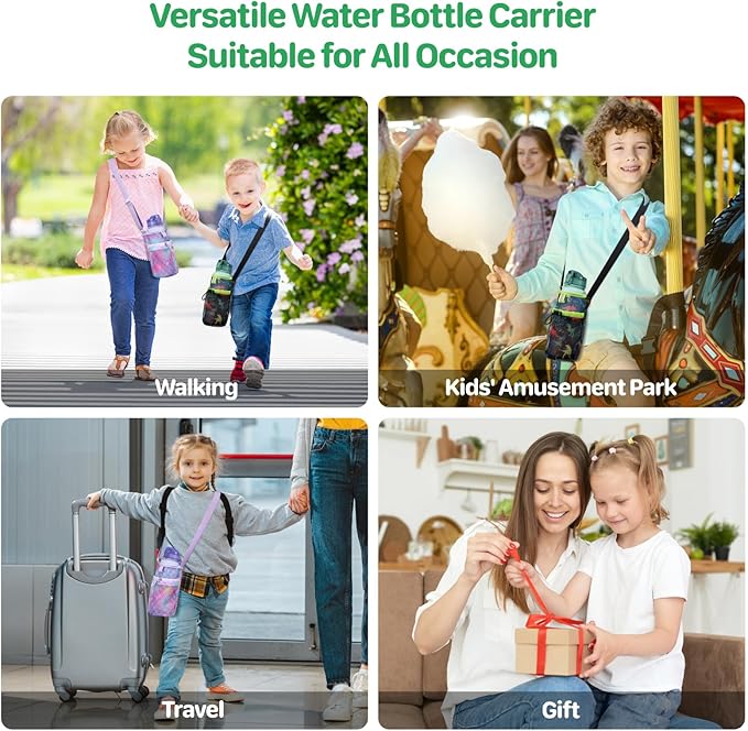 Water Bottle Carrier for Kids - Water Bottle Holder with Strap, Boys Girls Water Bottle Sling Bag for 10/12/14/16/18Oz Water Bottles Walking Hiking Camping