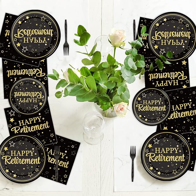 96 Pcs Retirement Party Plates Napkins Tableware Set Happy Retirement Supplies Black and Golden Disposable Dinnerware Retired Party Decoration Favors for Women Men, 24 Guests