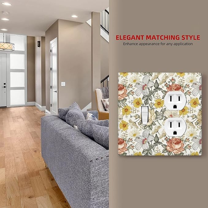 Multicolor Peony Daisy Vintage Floral Flower Wallplates 1 Toggle 1 Duplex Switch Plate Electrical GFCI Faceplate Decorative Light Switch Covers for Bedroom Living Room Decor