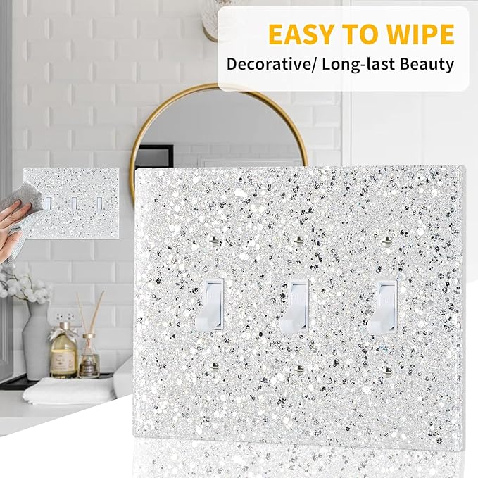 Shiny Silver Triple Light Switch Cover Plate,Glitter Never Peel Off,3-Gang 5.1''x6.9'',Bling Decor for Girls