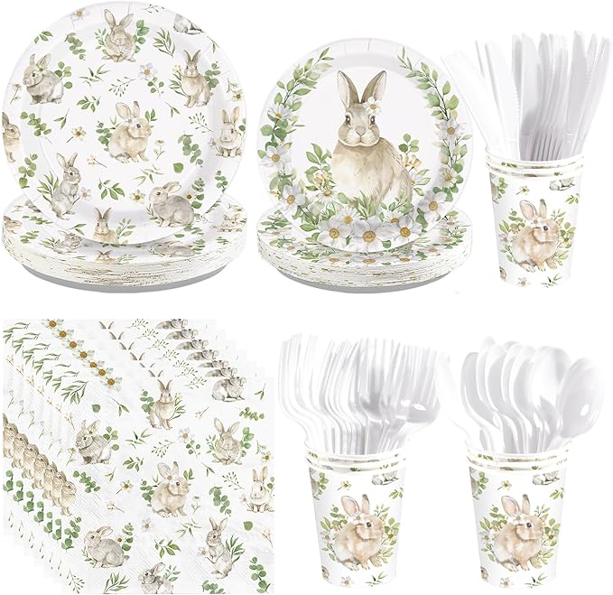 168Pcs Bunny Rabbit Paper Plates and Napkins Disposable Spring Bunny Rabbit Party Plates Rabbits Sage Green Tableware Set for Girls Boys Spring Sage Green Holiday Birthday Party Supplies Serves 24