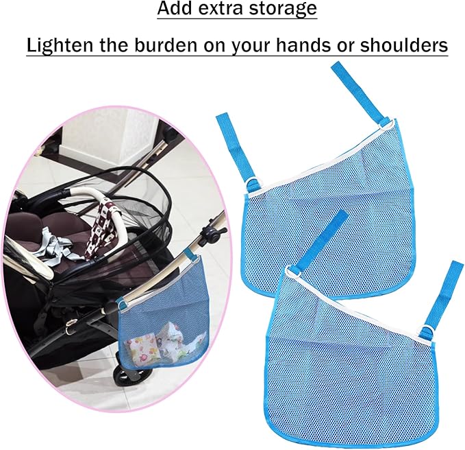 2PCS Universal Side Sling Stroller Cargo Net,Portable Storage Mesh Bag,Stroller Storage Organizer Bag,Non-Slip and Adjustable Straps Side Sling Mesh Organizer(Blue)