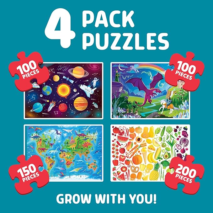 Chuckle & Roar - Preschool Multi Pack 100 and 200 Piece XXL Jigsaw Set Space Map Fantasy Food Themes Colorful Puzzle Gift for Kids Ages 6+