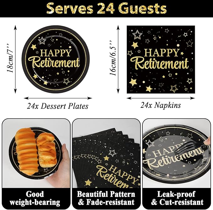 Happy Retirement Party Supplies Serves 24 Black and Gold Retirement Party Paper Plates Napkins Retirement Tablecloth Set Tableware Kit for Men Women Say Goodbye Party