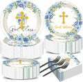 200pcs God Bless Plates Napkins Baptism Paper Tableware Set First Holy Communion Cake Dessert Disposable Dinnerware Blue Floral Party Decoration for Christening Birthday Decor Supplies Serves 50