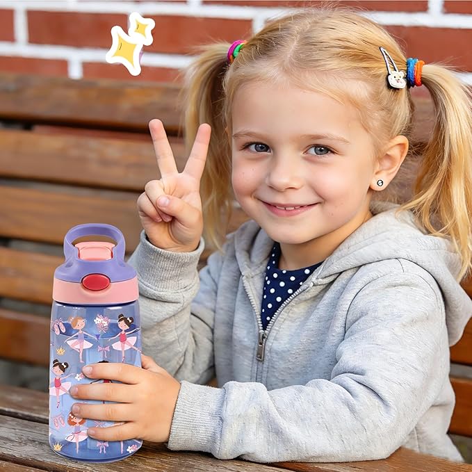 14oz Ballet Kids Water Bottle with Straw Lid - Ballerina Water Bottles for Kids, Leakproof, Lightweight, Durable Plastic Bottles for School, Pink Ballet Gift Cup for Girls Birthday Gifts