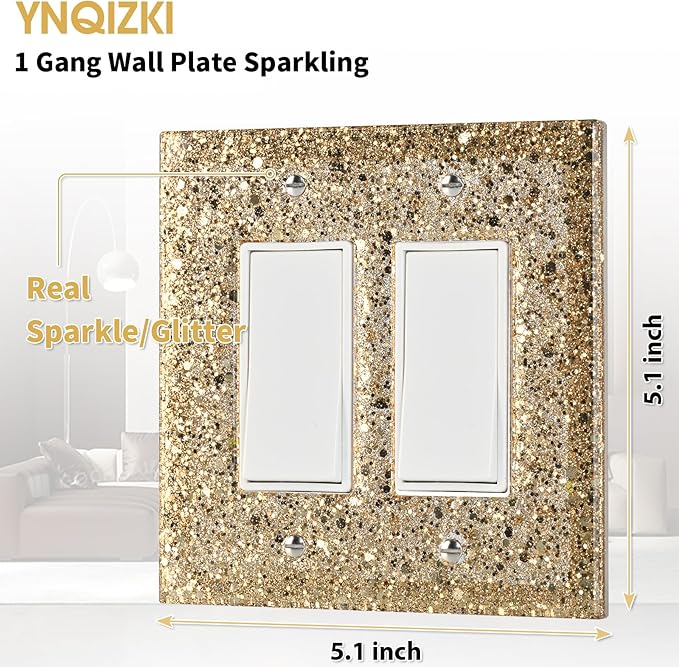 2-Gang Light Switch Cover Plate - Shiny Gold Mirror Finish,5.1"x5.1",Sparkling Design for Outlet or Double Rocker Switch