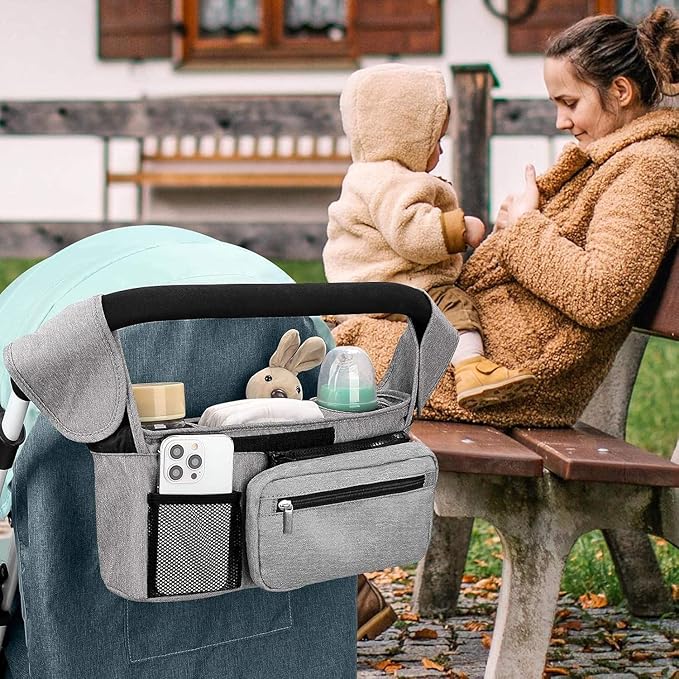 Universal Stroller Organizer with Insulated Cup Holder Detachable Phone Bag and Carry Strap Fits Uppababy, Baby Jogger, Britax, BOB, Umbrella and Pet Stroller and more (Light gray)