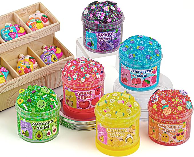 6 Pack Bingsu Crunchy Slime Kit, Rainbow Slime for Kids, with Cute Slime Charms & Add-ins, Slime Party Favors Sensory Toys, Holiday Birthday Easter Hallowmas Christmas Girls Gift & Boys Gift