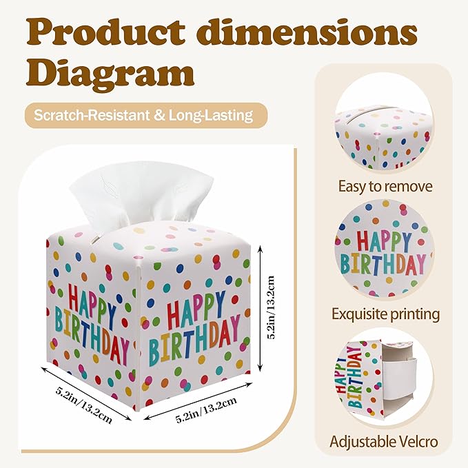 Leather Tissue Box Cover Holder, Watercolor Polka Dots Tissue Box Cover Square with Belt Bottom, Birthday Gifts Idea, Birthday Party Bathroom, Home Office Car Decorations