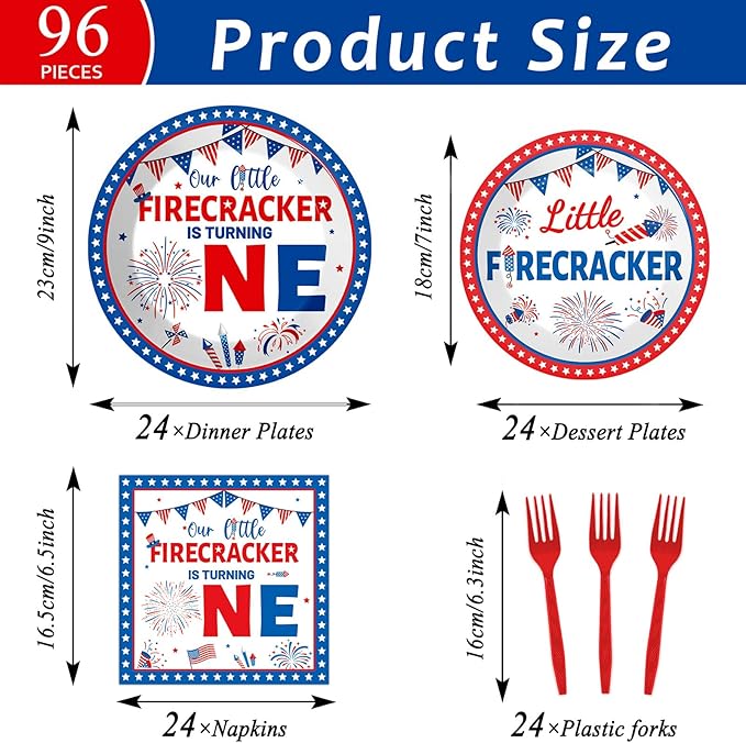 gisgfim 96Pcs Little Firecracker First Birthday Plates and Napkins Party Supplies 4th of July Party Tableware Set Independence Day Patriotic Paper Dinner Birthday Decorations Favors for 24 Guests