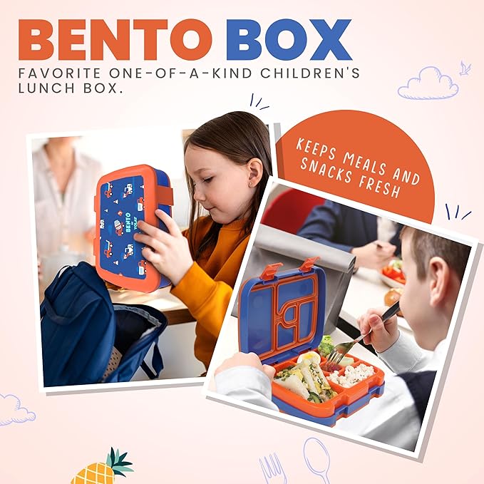 YOLAY Bento Box for Kids Lunch Box Leak-Proof, 5-Compartment Lunch Box Kids for Ages 3-10, Durable with Anti-Slip Base, Suitable for Schools, Outdoor and Travel (Mermaid) (Trucks)