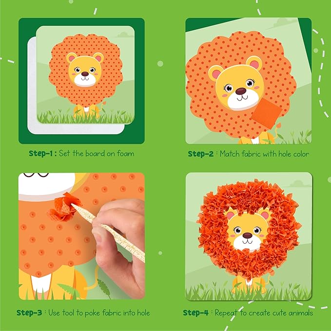 jackinthebox Poke Poke Art – Animals Theme, Mess-Free Fabric Art and Craft, Flower Pressing Kits, Gift for Kids, Gift for Girls and Boys Ages 4 5 6 7 8