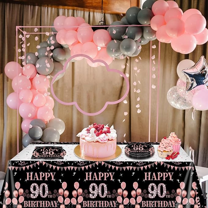 41Pcs 90th Birthday Decorations for Women, Vintage 90 Birthday Black and Rose Gold Disposable Paper Plates and Napkins Party Supplies for 20 Guests, 41Pcs Include 7" Plates Napkins and Tablecloth