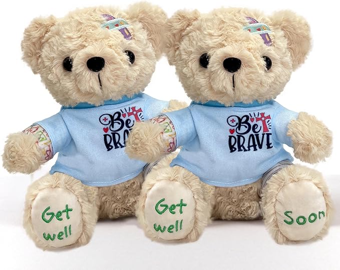Get Well Soon Bear 2-Pack, 8" Plush Stuffed Animals with Broken Arm & Leg Cast, Cute Surgery Recovery Gifts for Kids, Boys, Girls, Toddlers - "Be Brave" Outfit & "Get Well Soon" Embroidery, Gift Ready