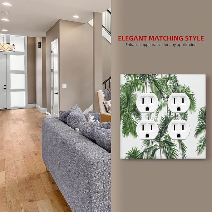 Outlet Covers Palm Trees Tropical Green Plant Palm Leaf 2 Gang Double Duplex Decorative Light Switch Covers Electrical Wallplates Socket Faceplate For Bed Room Bathroom Decor