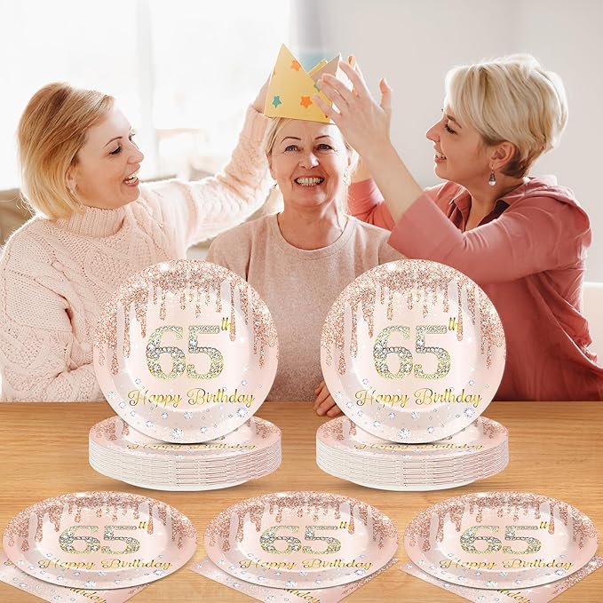 50Pcs Rose Gold 65th Birthday Party Paper Plates and Napkins Women Rose Gold 65 Years Old Table Decorations Happy Sixty-five Years Old Tableware Set Serves 25 Guest Pink 65th Birthday Party Supplies