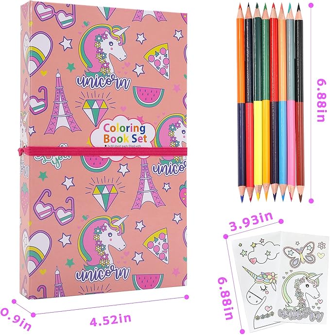 Unicorn Coloring Book Set with Coloring Pages & Colored Pencils, Art Supplies for Kids Ages 4-6-8, Arts Crafts Travel Coloring Kit for Girls 4 5 6 7 8 Year Old Birthday Gifts