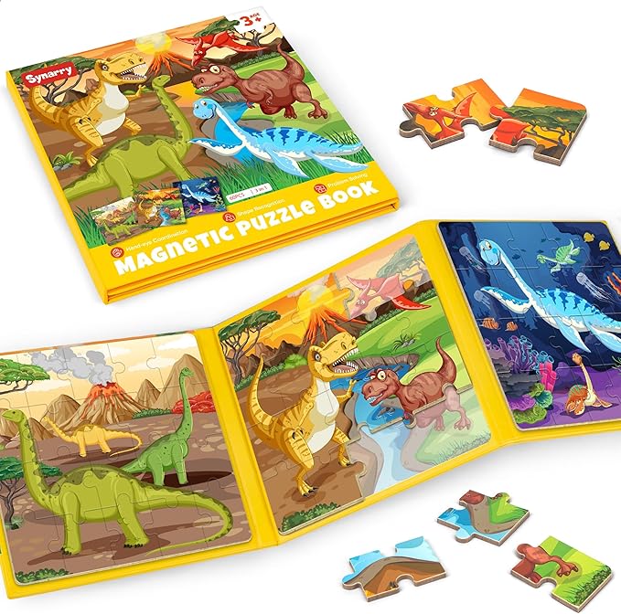 SYNARRY Magnetic Dinosaur Puzzles for Kids Ages 3-5, 20 Pieces Puzzles for Toddlers 4-6, Easter Basket Stuffers Gifts for Kids, Car Airplane Road Trip Activities Magnet Games Toy for Boys Girls