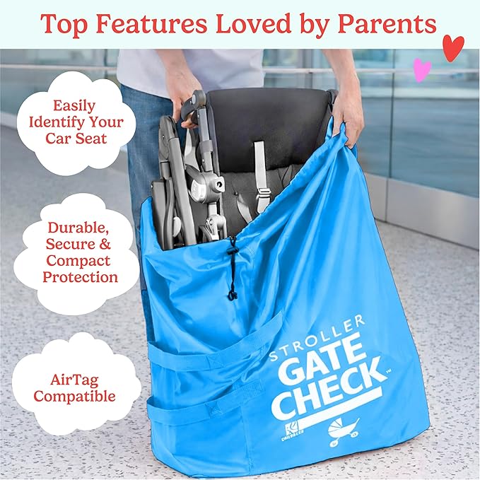 J.L. Childress Gate Check Bag for Single & Some Double Strollers - Travel Bag for Airplane, Fits Most Standard Baby Strollers, Airport Accessories Gate Check, Flying Essentials - Neon Blue