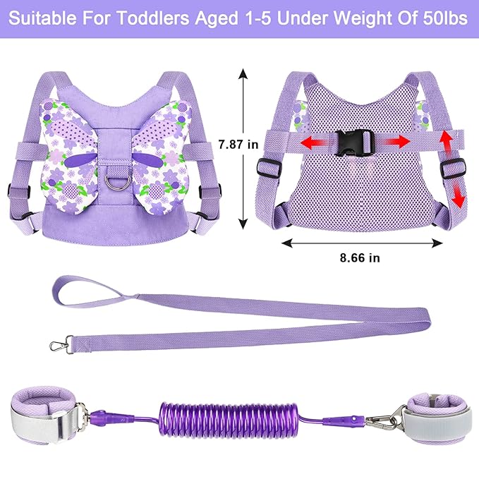 Toddler Harness Leash + Anti Lost Wrist Link, Accmor Kids Butterfly Harnesses with Children Leashes, Cute Baby Leash Walking Assistant Wristband Strap Tether for Girls Outdoor (Purple)