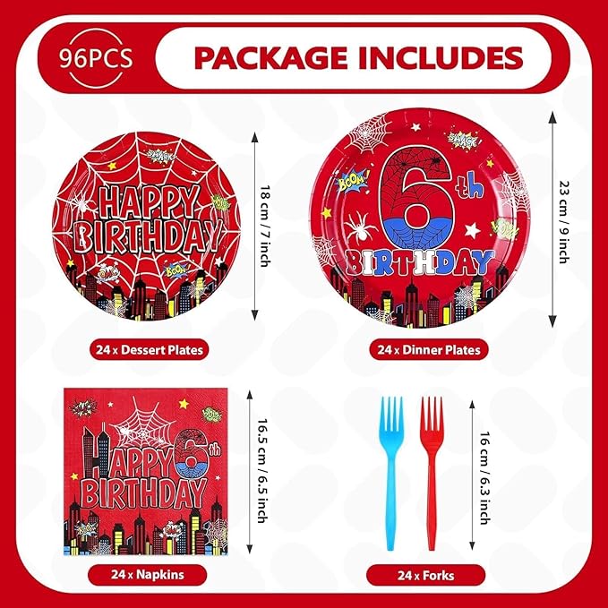Grencian 96Pcs Cartoon Spider 6th Birthday Party Decorations Red Blue Spider Birthday Party Plates and Napkins Disposable Super Theme Tableware Set for 6 Year Old Boys Party Decorations Serves 24