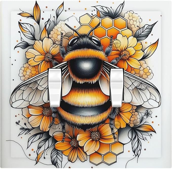 Decorative Switch Plates Bee Honeycomb Flowers Plant Leaves 2 Gang Double Toggle Outlet Light Switch Cover Wall Plate Electrical Faceplate For Nursery Kids Room Decor