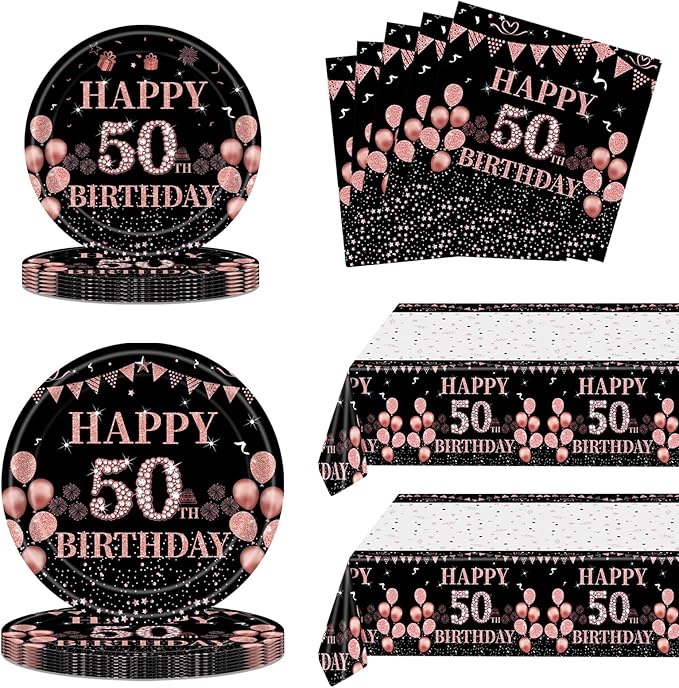 Ryzovo 62Pcs 50th Birthday, Vintage 50 Birthday Black and Rose Gold Disposable Paper Plates and Napkins Party Supplies for 20 Guests, Include 7'' Plates 9'' Plates Napkins and Tablecloth