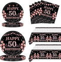 Ryzovo 62Pcs 50th Birthday, Vintage 50 Birthday Black and Rose Gold Disposable Paper Plates and Napkins Party Supplies for 20 Guests, Include 7'' Plates 9'' Plates Napkins and Tablecloth
