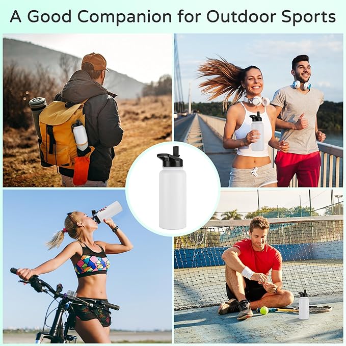 DOMICARE 32 oz Insulated Water Bottle, Vacuum Insulated Stainless Steel Sports Water Bottle with Straw Lid & Spout Lid, Leakproof, Reusable - Travel, Camping, Bike, White
