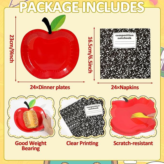 Back to School Party Supplies Serves 24 First Day of School Decorations Party Paper Plates Napkins Red Apple Composition Notebook Disposable Tablecloth Set Tableware Kit for Preschool Teacher Party