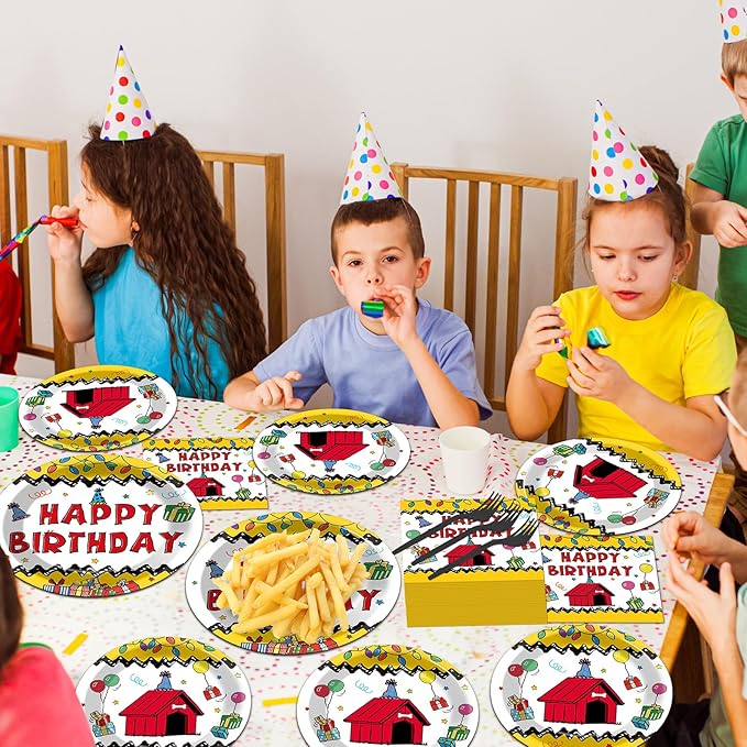 96 Pcs Red House Birthday Party Plates and Napkins Cartoon Dog Red House Decor Puppy Dog Theme Dessert Cake Plates Tableware Set for Kids Cartoon Birthday Baby Shower Party Favors Serve 24 Guests