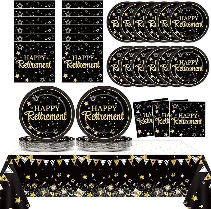 Happy Retirement Party Supplies Serves 24 Black and Gold Retirement Party Paper Plates Napkins Retirement Tablecloth Set Tableware Kit for Men Women Say Goodbye Party