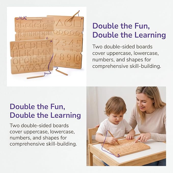 Suwimut Number & Letter Tracing Board, Portable Wooden Alphabet Learning Sensory Pad Board Montessori Toys for Kids Age 3-5, Double Sided Writing Tools for Beginner Preschool Classroom 3+ Years Old
