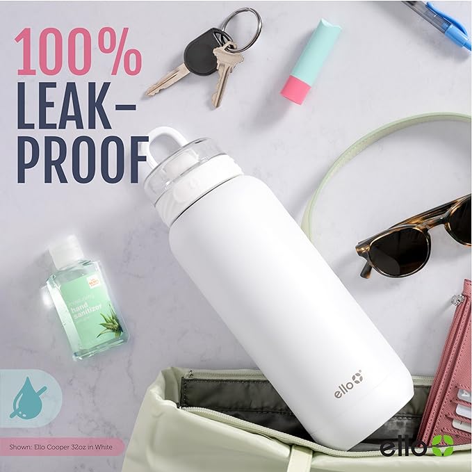 Ello Cooper 32z Stainless Steel Water Bottle with Straw and Carry Handle, Double Walled and Vacuum Insulated Metal, Leak Proof Locking Lid with Soft Silicone Spout, Reusable, BPA Free, Lemonade