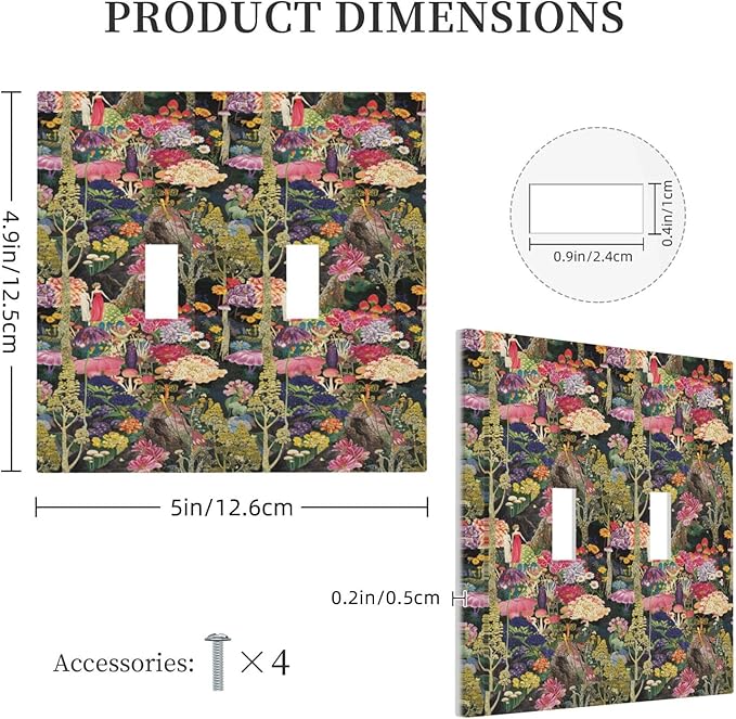 Dreamy Tropical Rainforest Colorful Mushroom Wildflower Decorative Switch Plates 2 Gang Double Toggle Outlet Light Switch Cover Wall Plate Electrical Faceplate for Farmhouse Kids Room Decor
