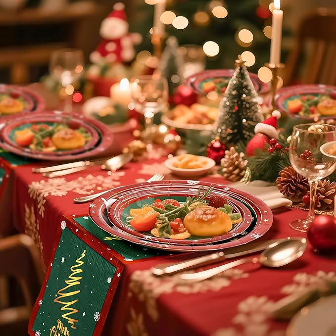 72PCS Christmas Plates and Napkins for Party Decorations, Set of 24 Merry Christmas Disposable Tableware Supplies, Green Red Themed Snowman Paper Plates for Xmas Party