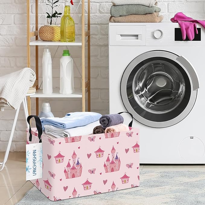 LANGYASHAN Rectangular Girl Storage Bin Collapse Canvas Fabric Cartoon Storage Basket with Handles for Organizing Home Kitchen Boys and Girls Toys Office Closet Shelf Baskets (Rec Pink Castle)