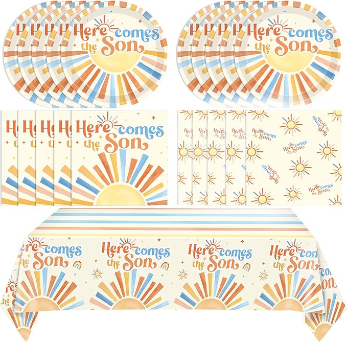 Here Comes The Son Baby Shower Decorations,Boho First Trip Around The Sun Party Supplies,Disposable Dessert Plate,Napkin,Tablecloth for It's A Boy Gender Reveal,Sun You Are My Sunshine Baby Shower
