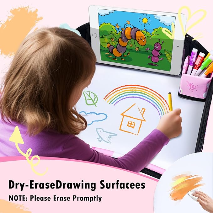 Kids Travel Tray, Car Seat Tray for kids Travel, Toddler Road Trip Essentials With Drawing Kit, Toddler Lap Desk Organizer for Car, Carseat Table for Airplane