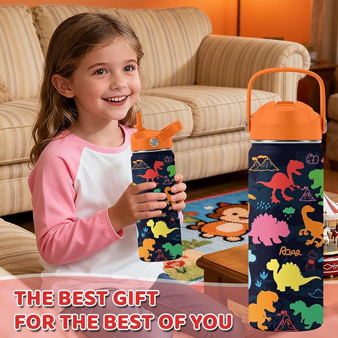 Dinosaur Gifts for Kids - 18oz Colorful Dino Water Bottle with Straw Lid, Stainless Steel Insulated Tumbler, Leakproof, BPA-Free, for Boys & Girls, School, Travel - Dino Lovers Birthday Gift Cup (1pc)