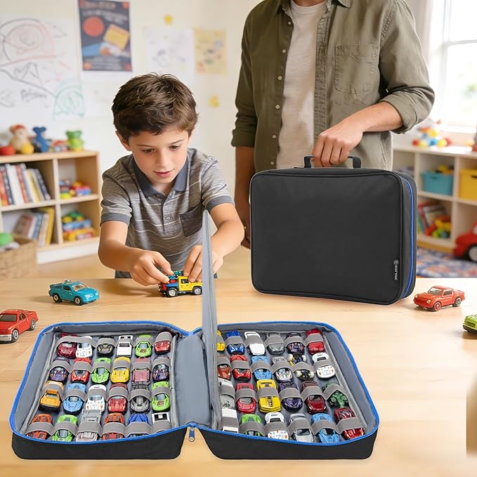 KISLANE Car Storage Case Organizer for 48 Vehicles – Portable 1:64 Scale Die-Cast Collection Carrying Case with Elastic Slots, Travel Storage Bag for Collectors, Black