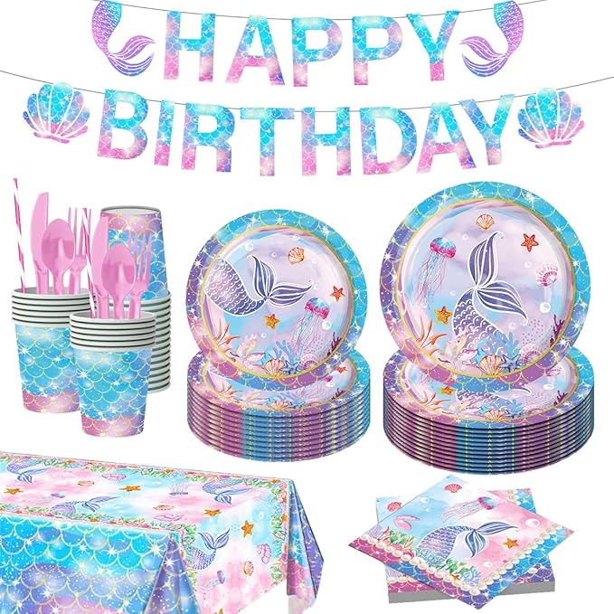 Mermaid Birthday Decorations Disposable Tableware Plates for Baby Shower,Under The Sea Party Supplies Plates,Blue Tableware with Cups,Tablecloth,Banner for Kids Girls,Serve 24