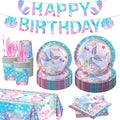 Mermaid Birthday Decorations Disposable Tableware Plates for Baby Shower,Under The Sea Party Supplies Plates,Blue Tableware with Cups,Tablecloth,Banner for Kids Girls,Serve 24