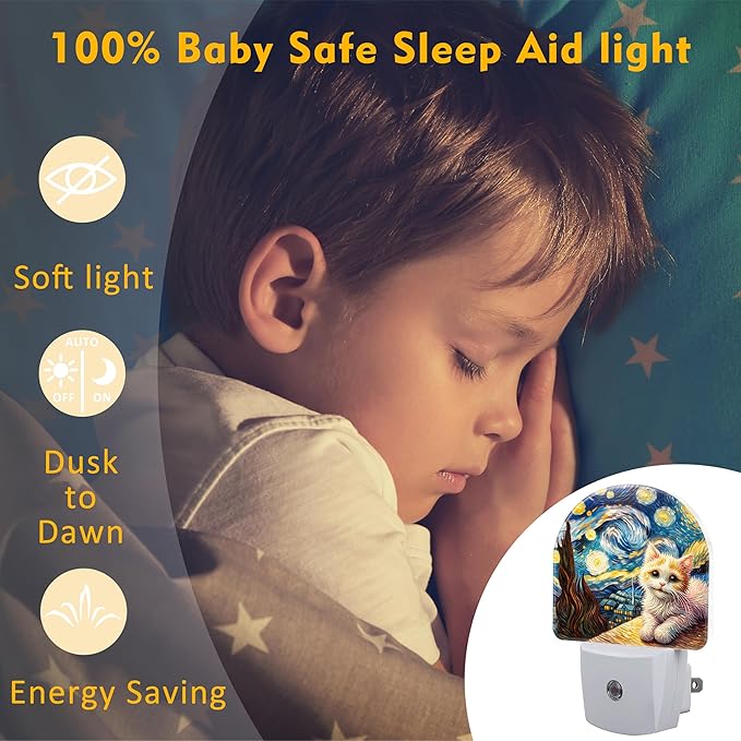 Starry Night and Cute Cat Night Light for Kids, Abstract Oil Painting Plug in Night Light with Dusk to Dawn Sensor, 0.5w Energy Saving Nightlight for Hallway Stairway Kitchen Bedroom