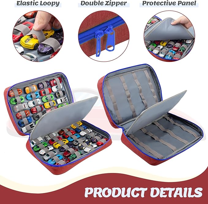 KISLANE Car Storage Case Organizer for 48 Vehicles – Portable 1:64 Scale Die-Cast Collection Carrying Case with Elastic Slots, Travel Storage Bag for Collectors, Red